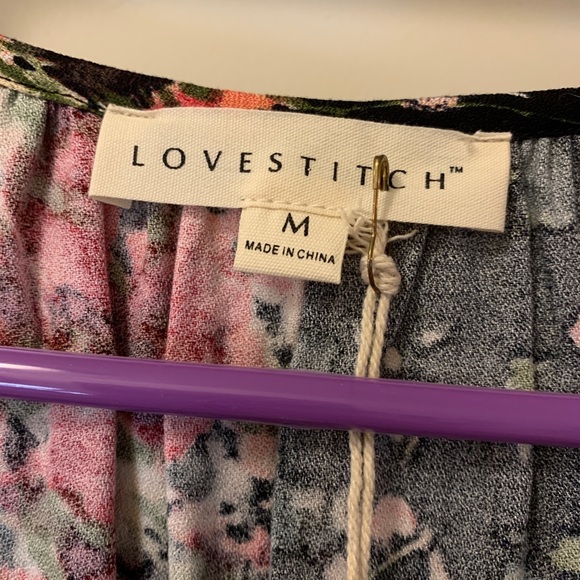 New never worn Love Stitch blouse. Black with red and pink flowers. Tie front. - Picture 5 of 7